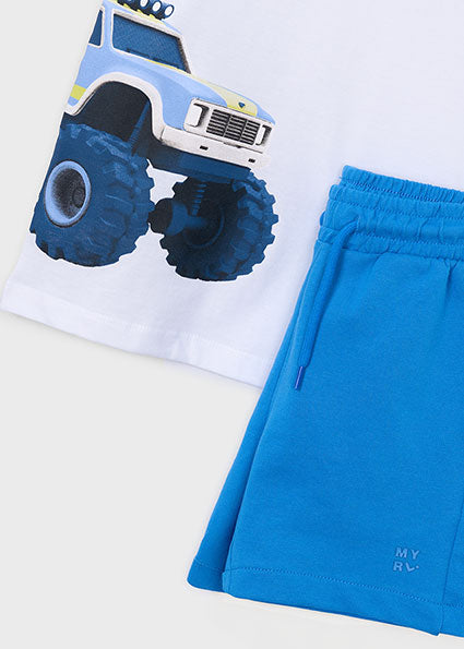 Mayoral Boys Blue & White Truck Motif Cotton Shorts Set