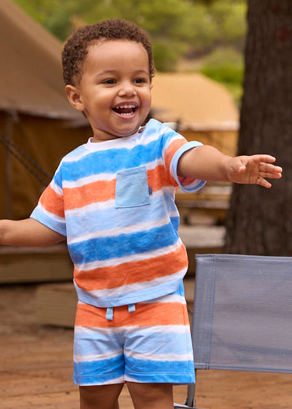 Mayoral Boys Blue, White & Orange Stripe Cotton Shorts Set