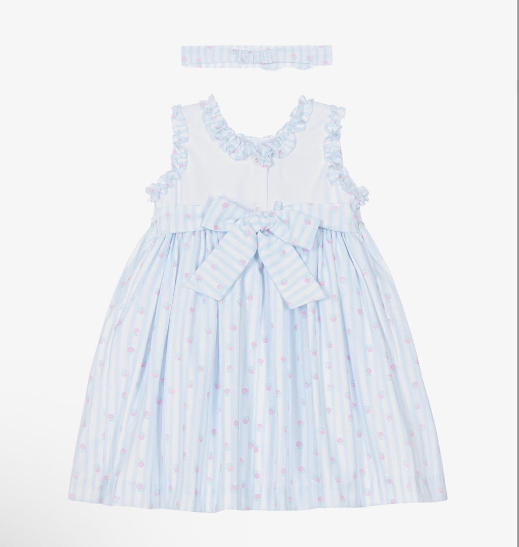 Pretty Originals Girls Pink, Blue & White Striped Smocked Dress & Headband