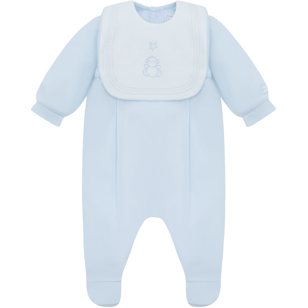 Emile et Rose Leonard Baby Boy Blue Cotton Babygrow with Detachable Bib