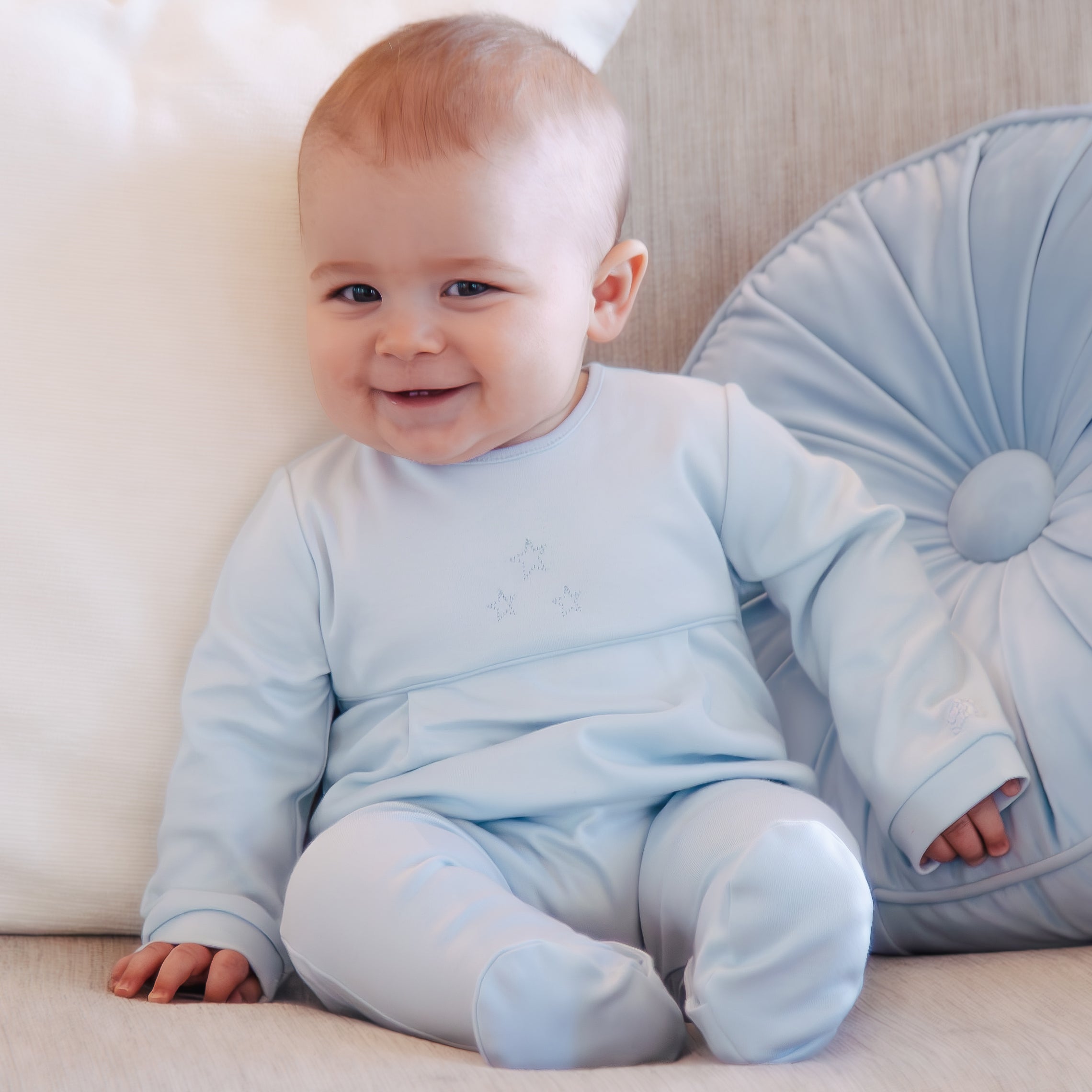 Emile et Rose Leonard Baby Boy Blue Cotton Babygrow with Detachable Bib
