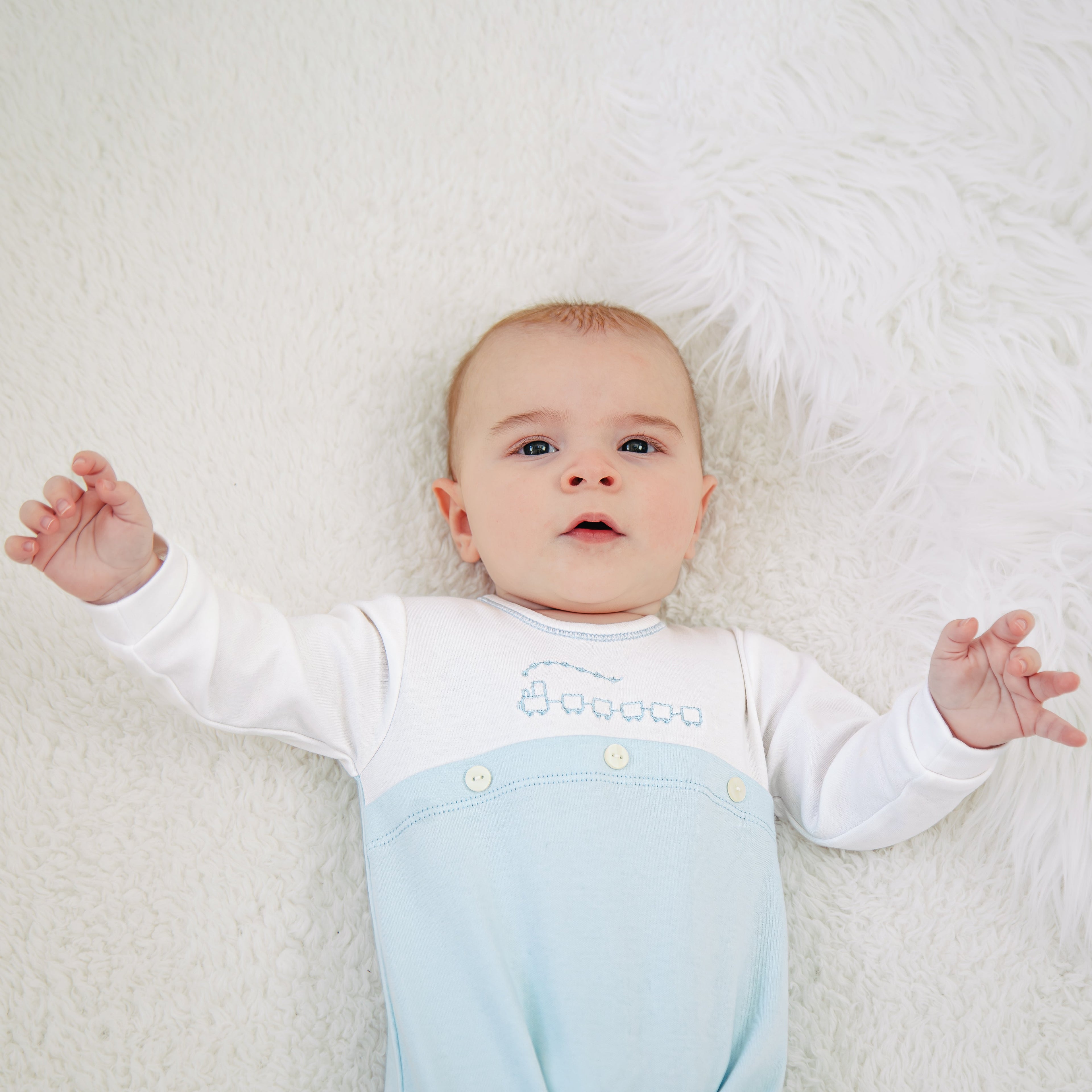 Emile et Rose Luka Baby Boy Blue & White Cotton Babygrow with Train Embroidery