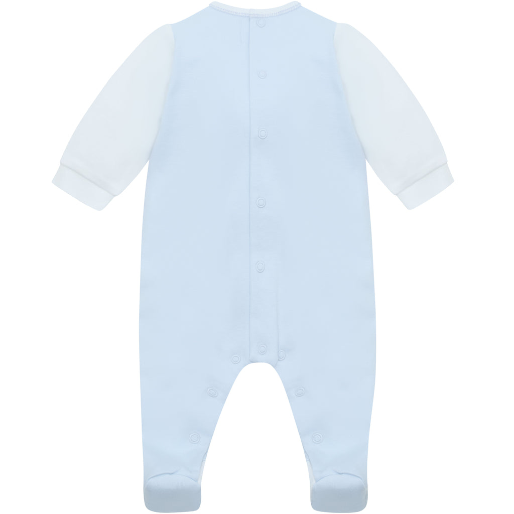 Emile et Rose Luka Baby Boy Blue & White Cotton Babygrow with Train Embroidery