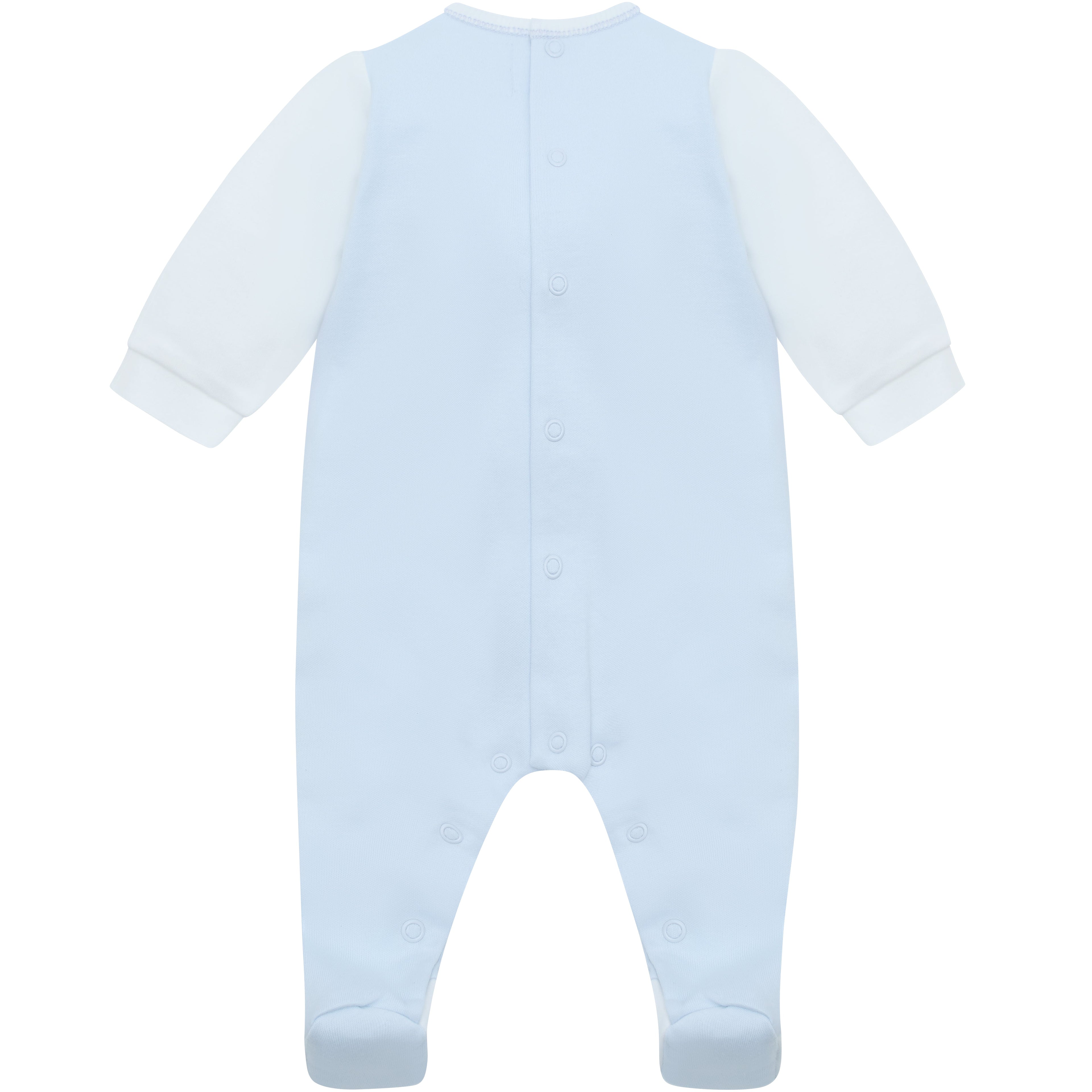 Emile et Rose Luka Baby Boy Blue & White Cotton Babygrow with Train Embroidery