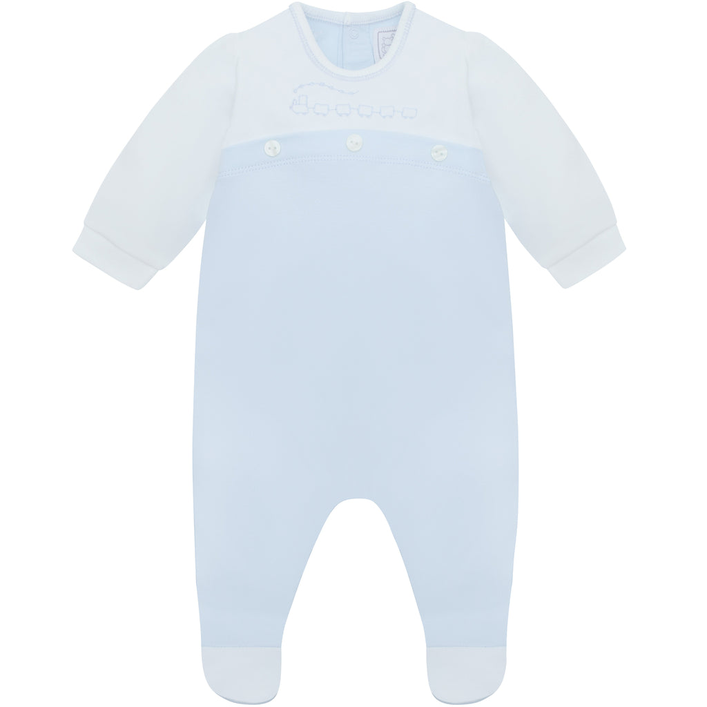 Emile et Rose Luka Baby Boy Blue & White Cotton Babygrow with Train Embroidery