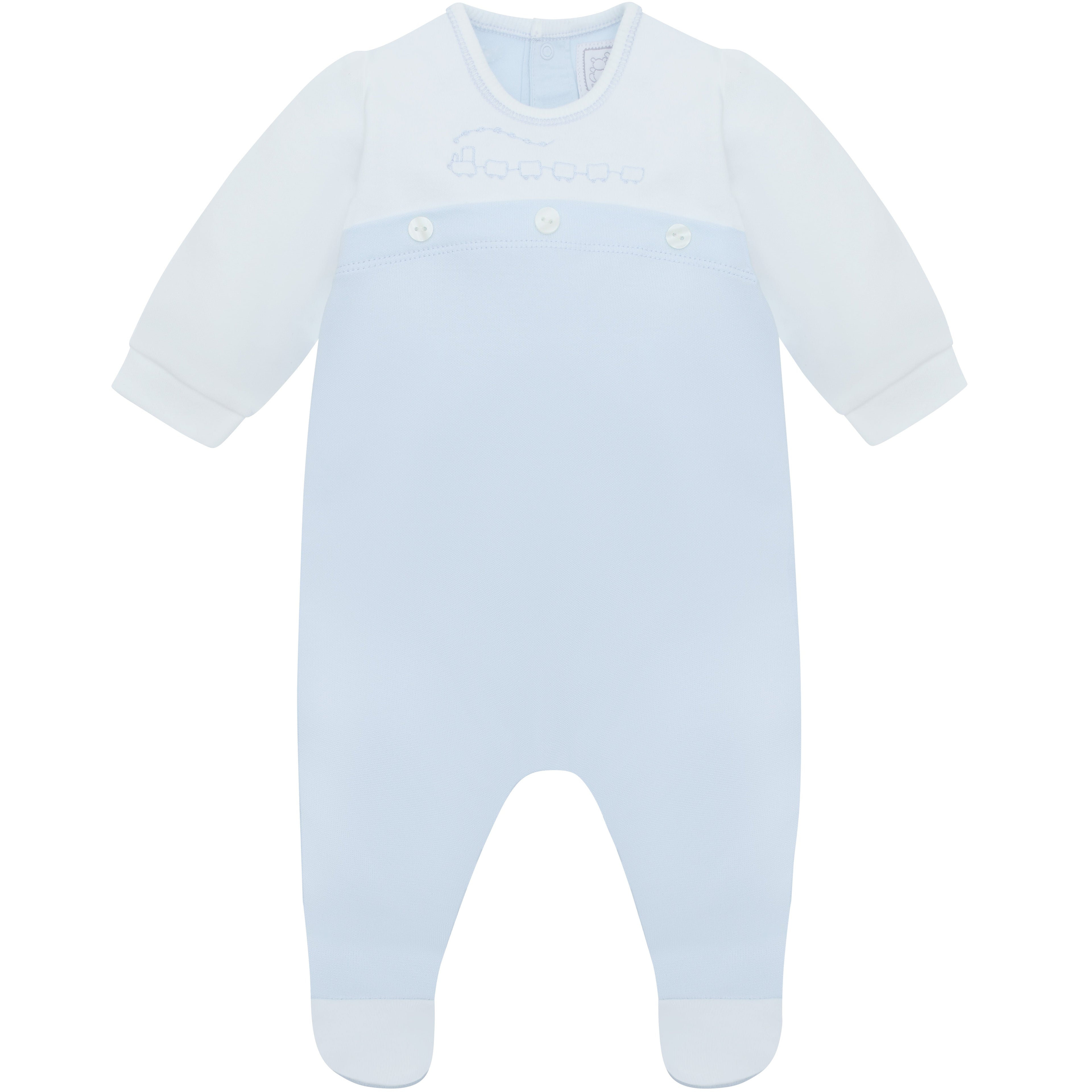 Emile et Rose Luka Baby Boy Blue & White Cotton Babygrow with Train Embroidery
