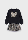 Mayoral Girls Black & Beige Leopard Print Tulle Skirt Set