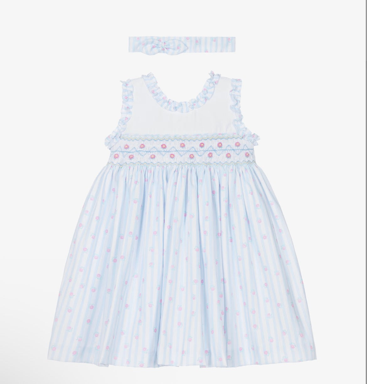 Pretty Originals Girls Pink, Blue & White Striped Smocked Dress & Headband