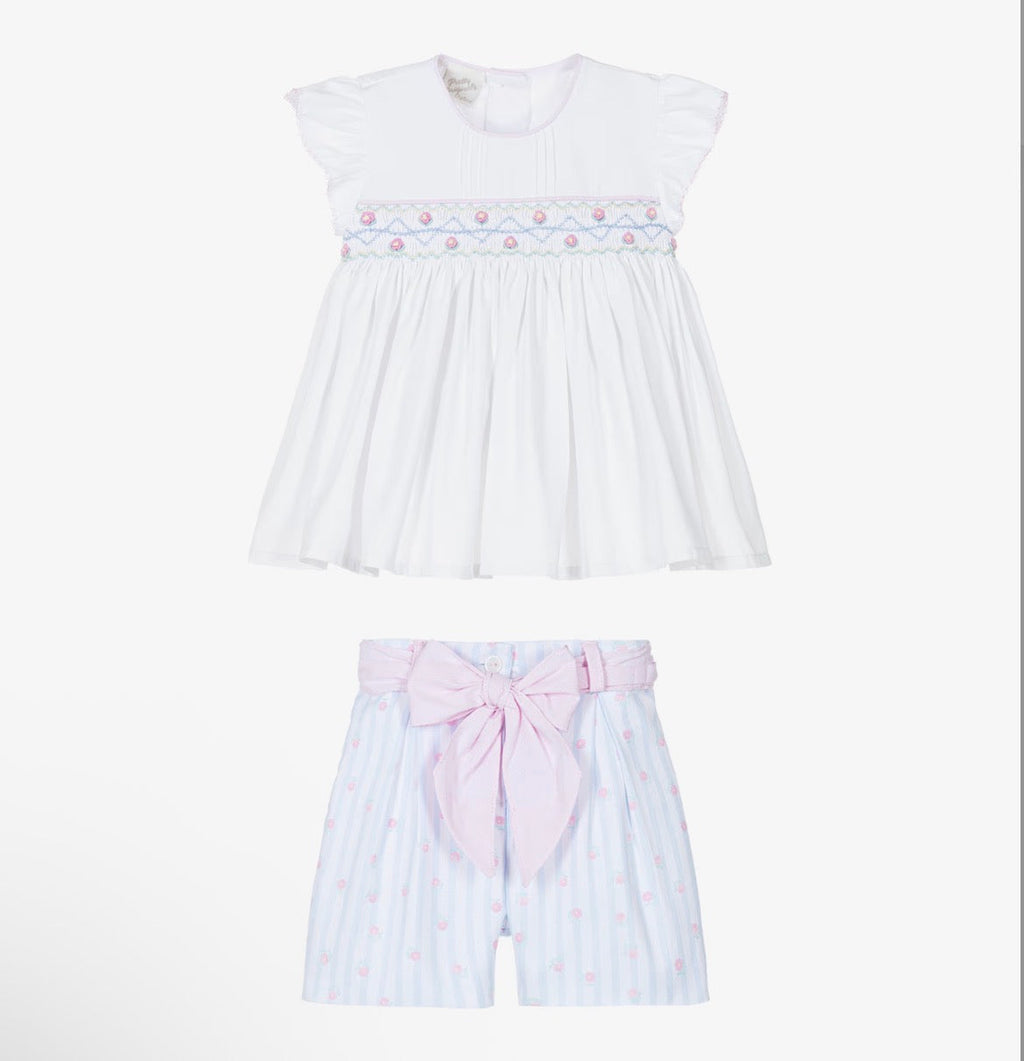 Pretty Originals Girls Pink, Blue & White Striped Smocked Shorts Set