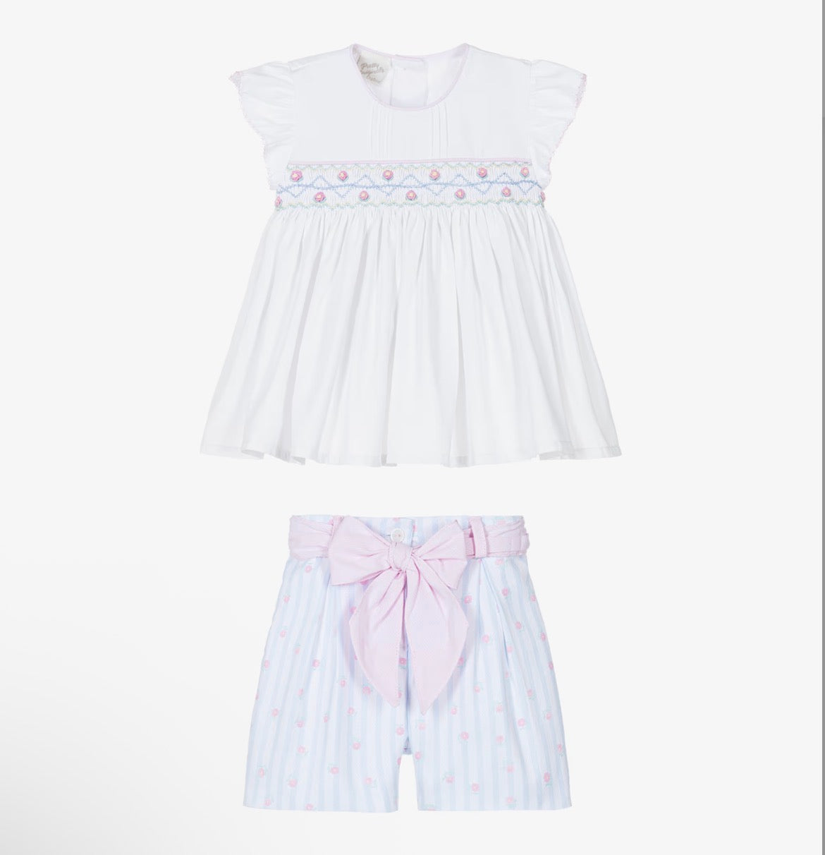 Pretty Originals Girls Pink, Blue & White Striped Smocked Shorts Set