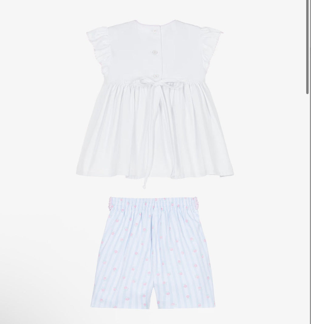 Pretty Originals Girls Pink, Blue & White Striped Smocked Shorts Set