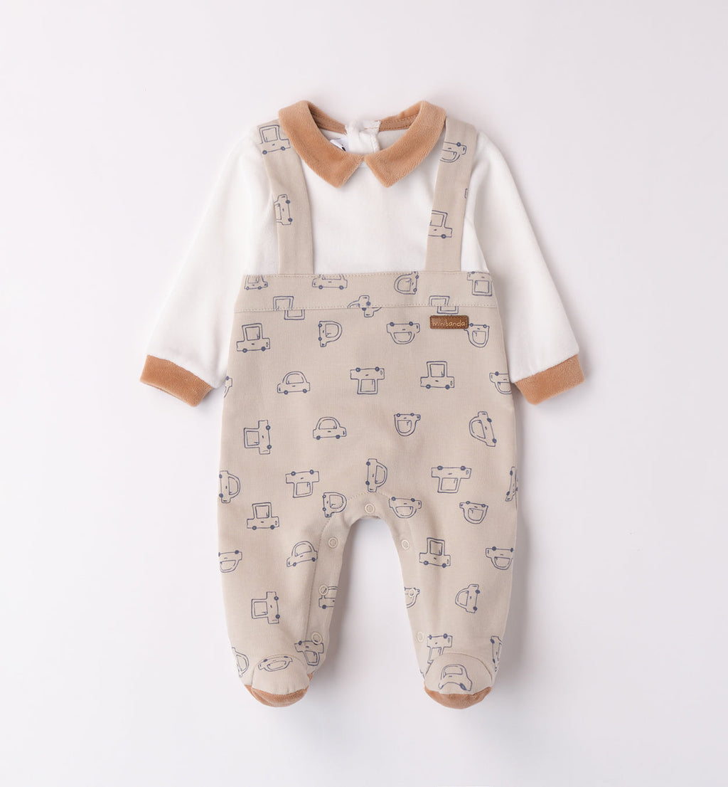 Minibanda Baby Boy Beige & Ivory Car Print Babygrow