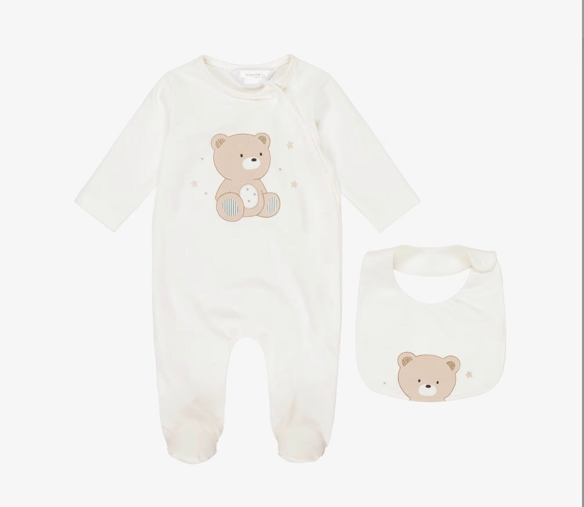 Mayoral Baby Ivory & Beige Teddy Motif Babygrow & Bib Set