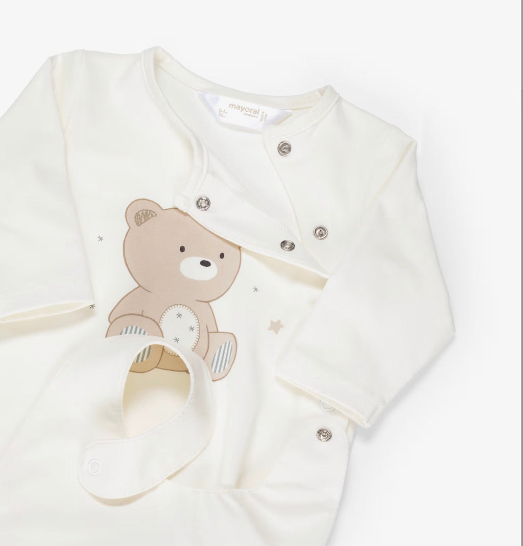 Mayoral Baby Ivory & Beige Teddy Motif Babygrow & Bib Set