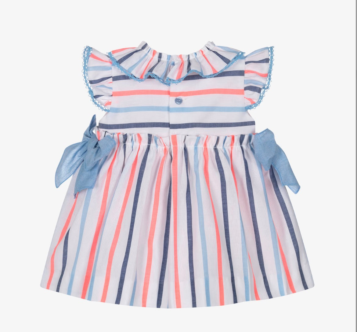Miranda Baby Girl Blue & Neon Striped Cotton Dress