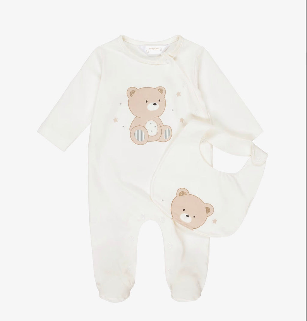 Mayoral Baby Ivory & Beige Teddy Motif Babygrow & Bib Set