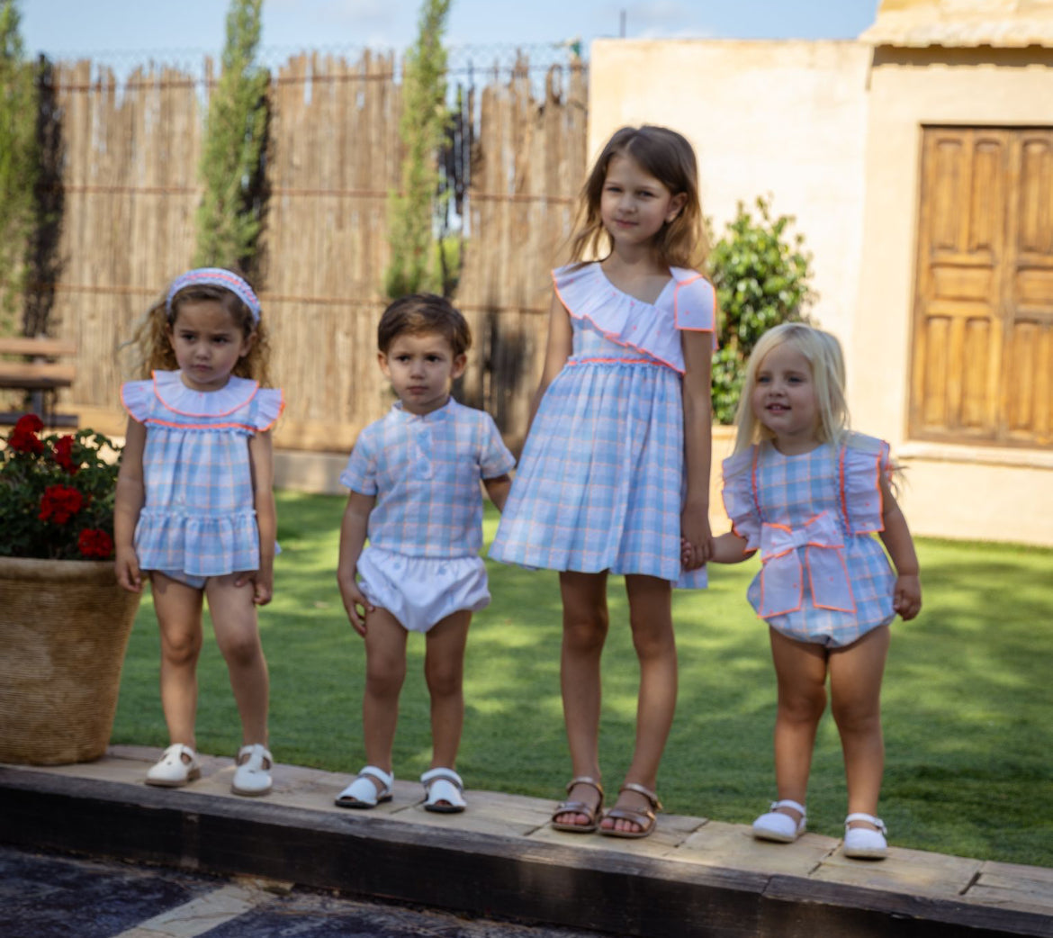 Rochy Girls Neon Blue Checked Cotton Dress