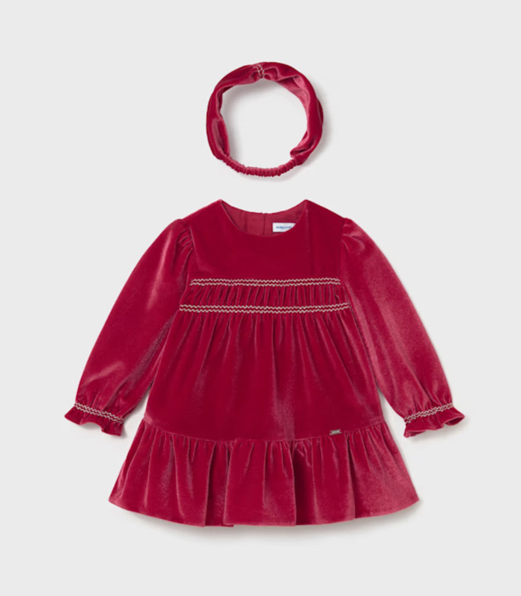 Mayoral Girls Red Velvet Smocked Dress & Headband