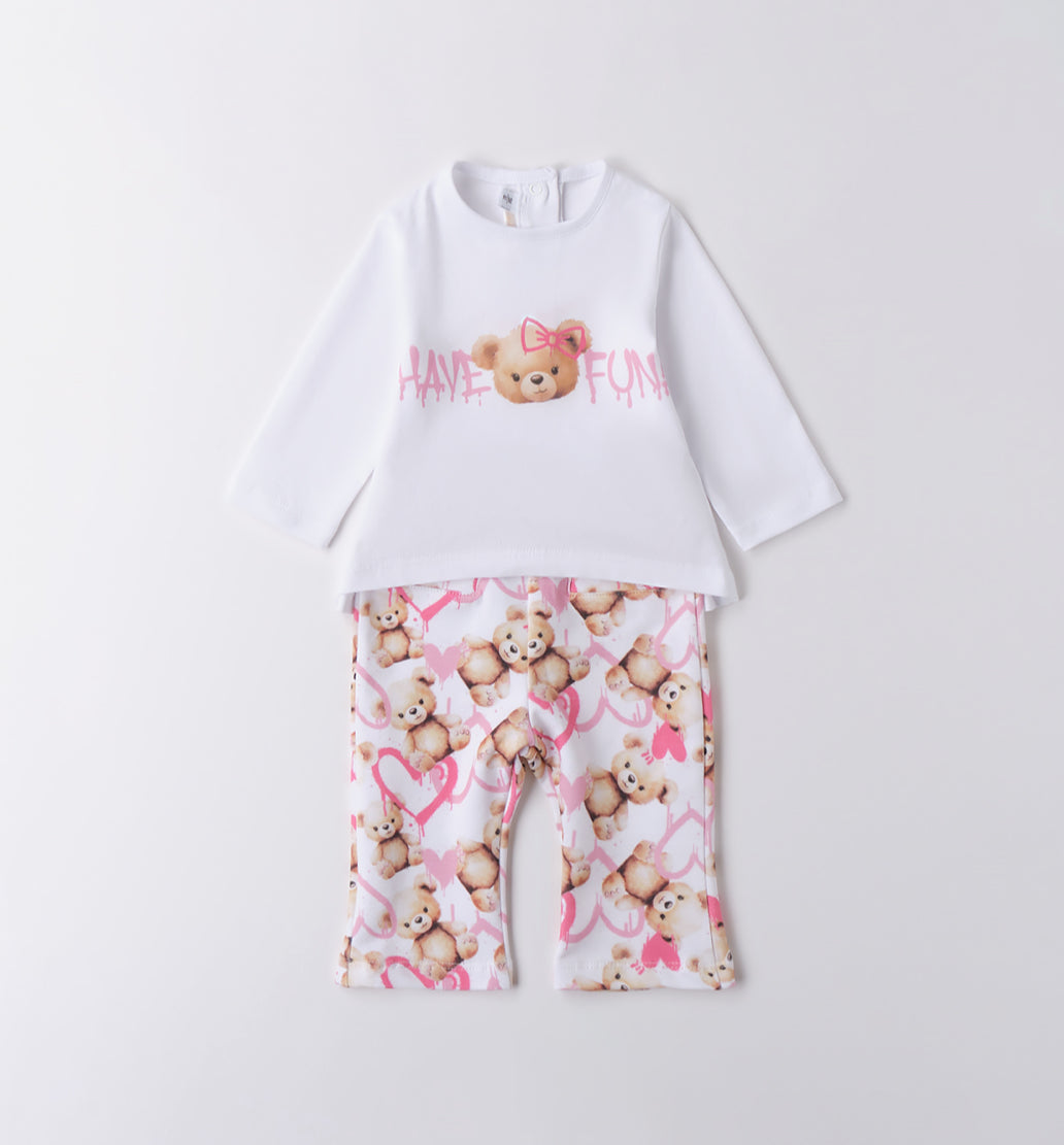 Minibanda Baby Girl Pink & Ivory Teddy Motif Legging Set